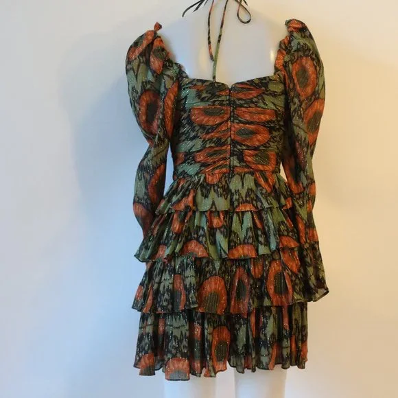 Womens Ulla Johnson Naiya Nocturne Black Green Gold Metallic Halter Dress 0 - Picture 15 of 16